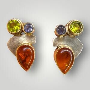 Vintage 925 Sterling Silver Amber Earrings w Inclusions Peridot Amethyst